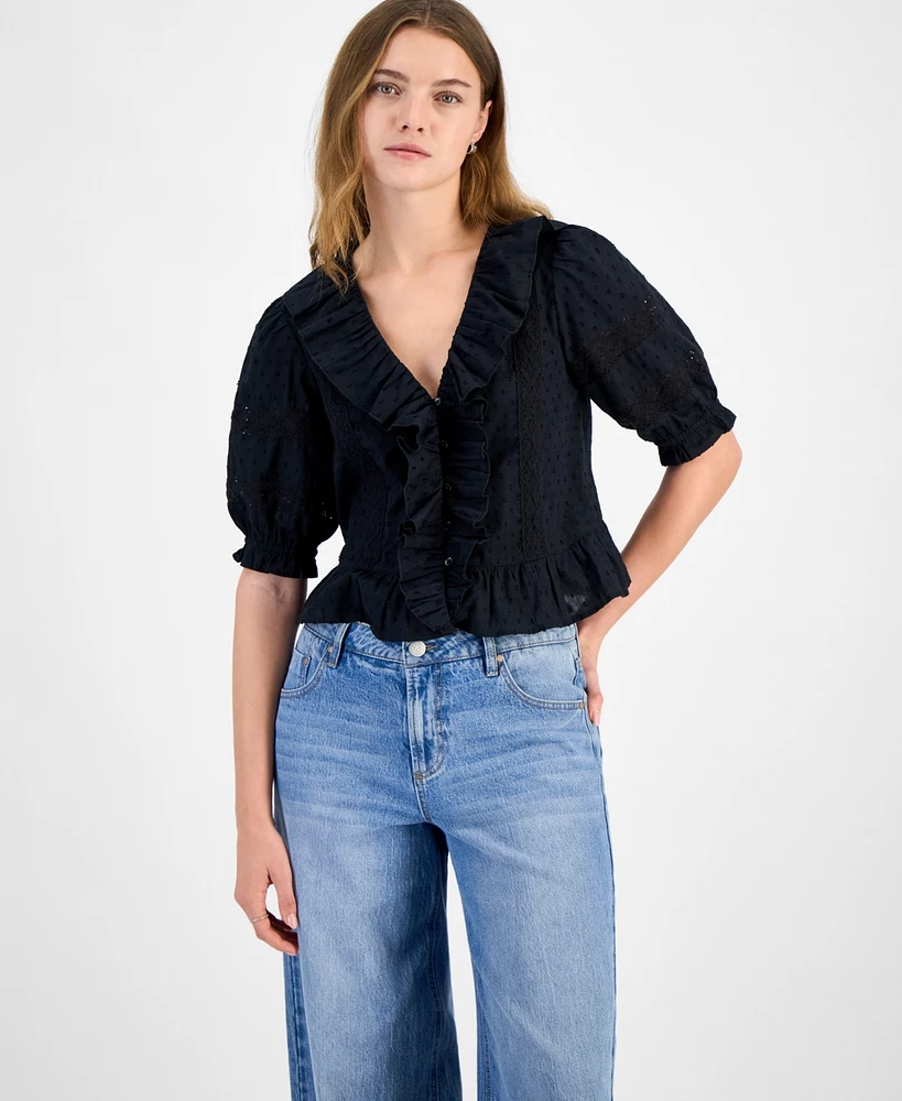 And Now This Petite Ruffled-Front Clip-Dot Cotton Top, Exclusively at Macy's