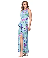 Betsy & Adam Women's Back-Tie Halter Ruffled Gown