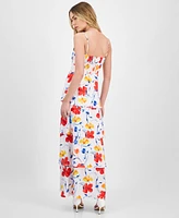 Anne Klein Women's Floral-Print Cowlneck Tiered Satin Maxi Dress