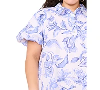 Msk Plus Floral-Print Cotton Puff-Sleeve Shift Dress