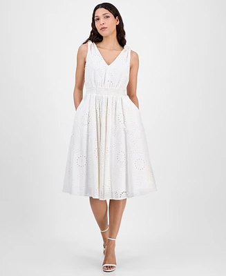 Anne Klein Women's Cotton Eyelet Sleeveless Fit & Flare Dress