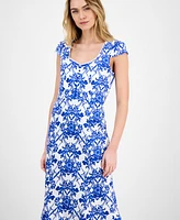 Anne Klein Printed Sweetheart-Neck Short-Sleeve Midi Dress