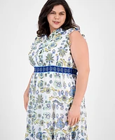 Anne Klein Plus Printed Smocked-Waist Patio Shirtdress
