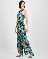 Tahari Petite Floral-Print Tie-Belt Crossover-Neck Jumpsuit