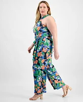 Tahari Plus Twist Halter-Neck Jersey Jumpsuit