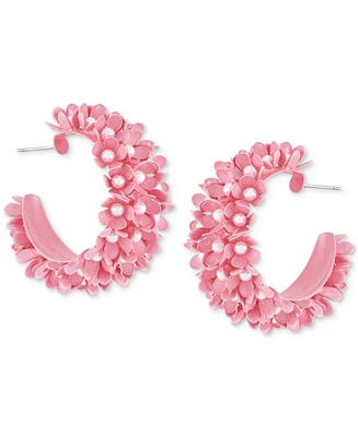 Guess Pink-Tone Medium Imitation Pearl Flower C-Hoop Earrings, 1.69"