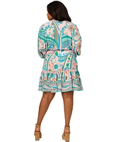 Adrianna Papell Plus Printed Long-Sleeve Belted Dress