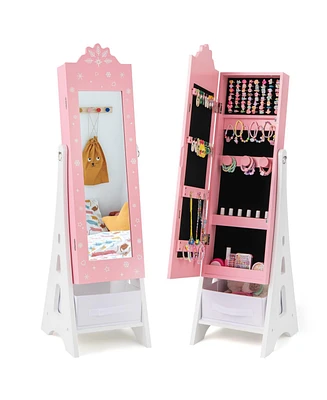 Kids Jewelry Cabinet with Full-Length Mirror and Foldable Drawer