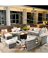 Xizzi 13 Pieces Outdoor Furniture Patio Sectional Sofa,No Assembly Required Pe Wicker Conversation Sets with 42" Fire Pit,Armchairs,Ottomans and Coffe