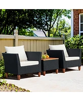 Gymax 3PCS Patio Conversation Furniture Set w/ Wooden Table Top & Feet Cushions