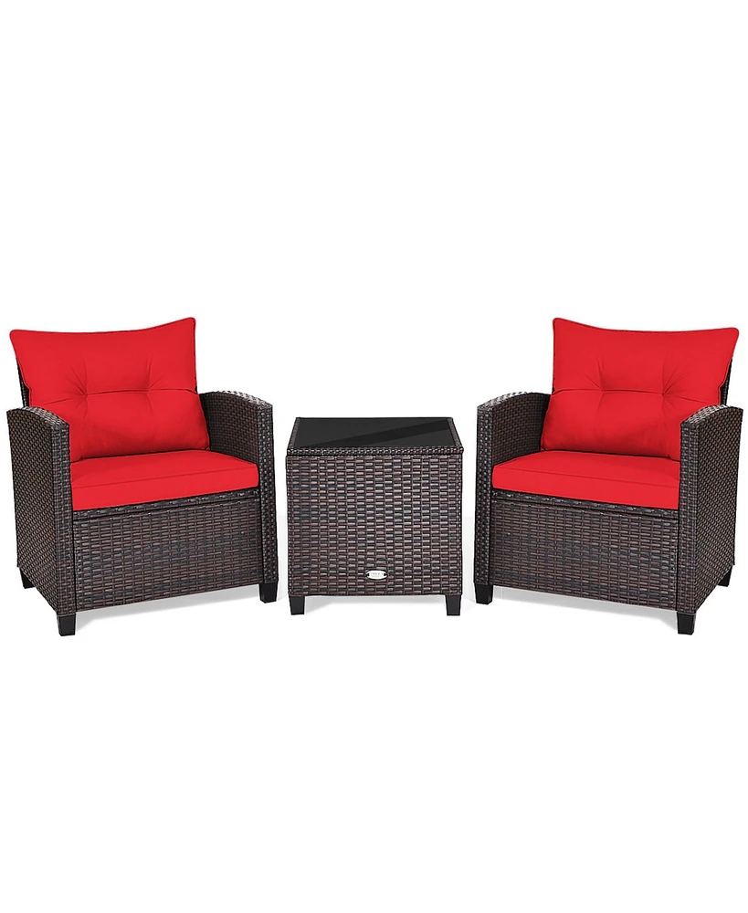 Gymax 3PCS Patio Outdoor Rattan Conversation Set w/ Cushion Coffee Table