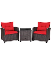 Gymax 3PCS Patio Outdoor Rattan Conversation Set w/ Cushion Coffee Table