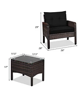 Gymax 3PCS Patio Rattan Conversation Furniture Set Yard Outdoor w/ Cushions Coffee Table