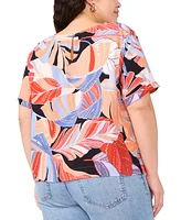 Vince Camuto Women's Tropical-Print Round-Neck Keyhole-Back Cuff-Sleeve Top, Xs-3X