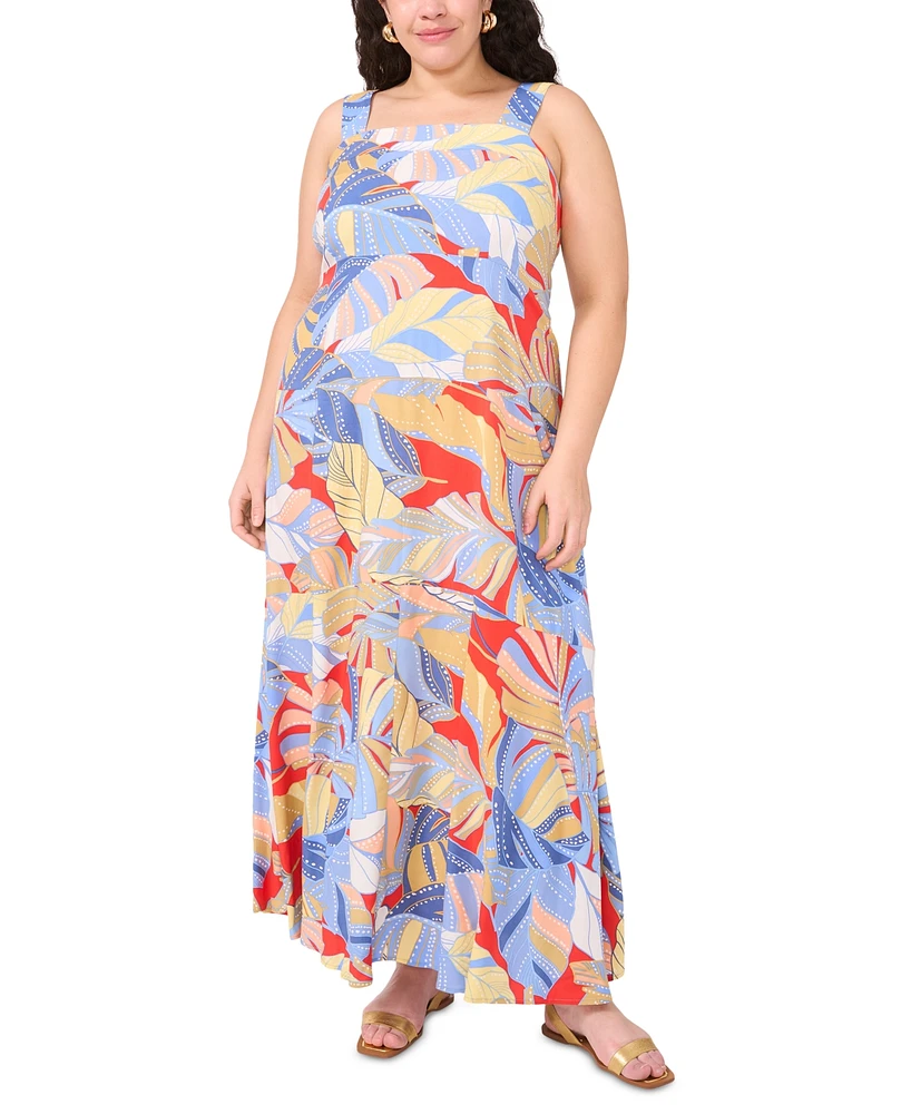 Vince Camuto Plus Tropical-Print Square-Neck Smocked-Back Sleeveless Maxi Dress