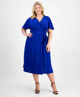 Connected Plus Tie-Waist Flutter-Sleeve Midi Dress