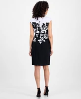 Connected Petite Floral Jewel-Neck Belted Sheath Dress