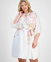 Sandra Darren Plus Placed-Floral Tie-Waist Shift Dress