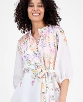Sandra Darren Petite Placed-Floral Tie-Waist Shift Dress