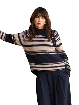 Celtic & Co. Women's Pure Wool Stripe Button Neck Sweater