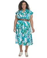 Calvin Klein Plus Floral-Print Belted Midi Dress
