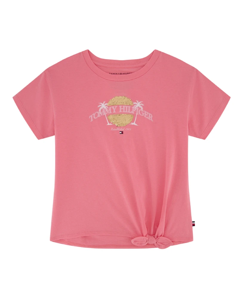 Tommy Hilfiger Toddler and Little Girls Palm Sequin Side Tie Short Sleeve T-Shirt