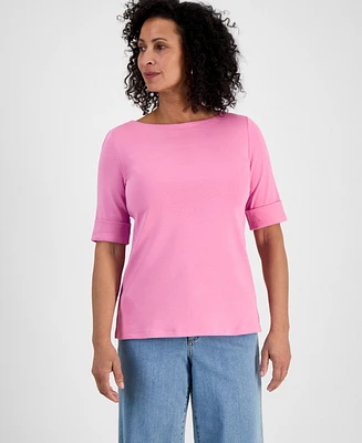 Style & Co Petite Cotton Elbow-Sleeve Boat-Neck Top, Exclusively at Macy's