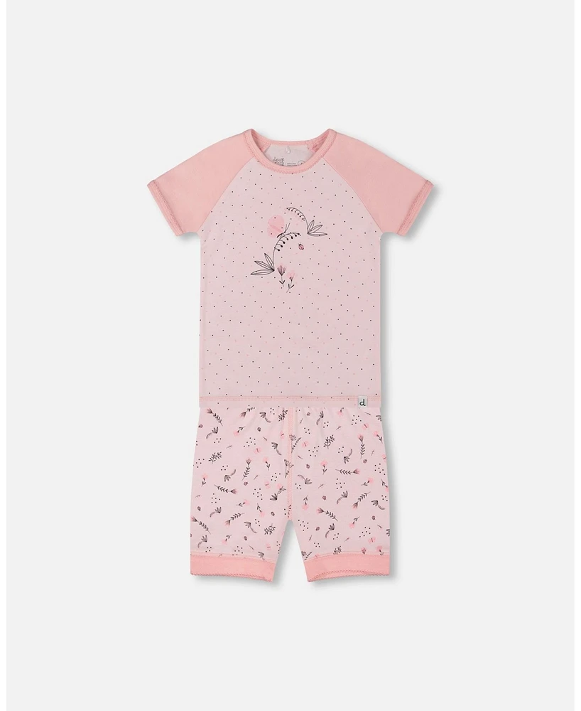 Deux par Big Girls Organic Cotton Two-Piece Short Pajama Set Small Pink Flowers On Pale Background