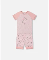 Deux par Big Girls Organic Cotton Two-Piece Short Pajama Set Small Pink Flowers On Pale Background