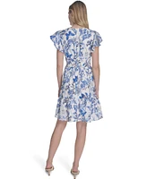 Eliza J Petite Floral Flutter-Sleeve Smocked-Waist Dress