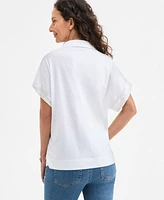 Style & Co Women's Split-Neck Collared Embroidered Top, Exclusively at Macy's