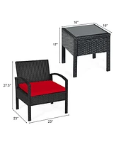 Gymax 3 Piece Outdoor Patio Rattan Conversation Furniture Set Yard w/ Cushions & Coffee Table