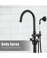 Freestanding Tub Faucet Floor Mount Tub Faucet Matte Black High Flow Tub Filler Tub Faucet with Antique Handheld Swivel Gooseneck Spout Shower Mixer T