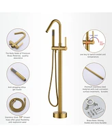 Brushed Gold Floor Mounted Tub Filler Shower Faucet Single Handle Freestanding Bathtub Faucet Bathtub Shower Mixer Tap with Handheld Shower Sprayer