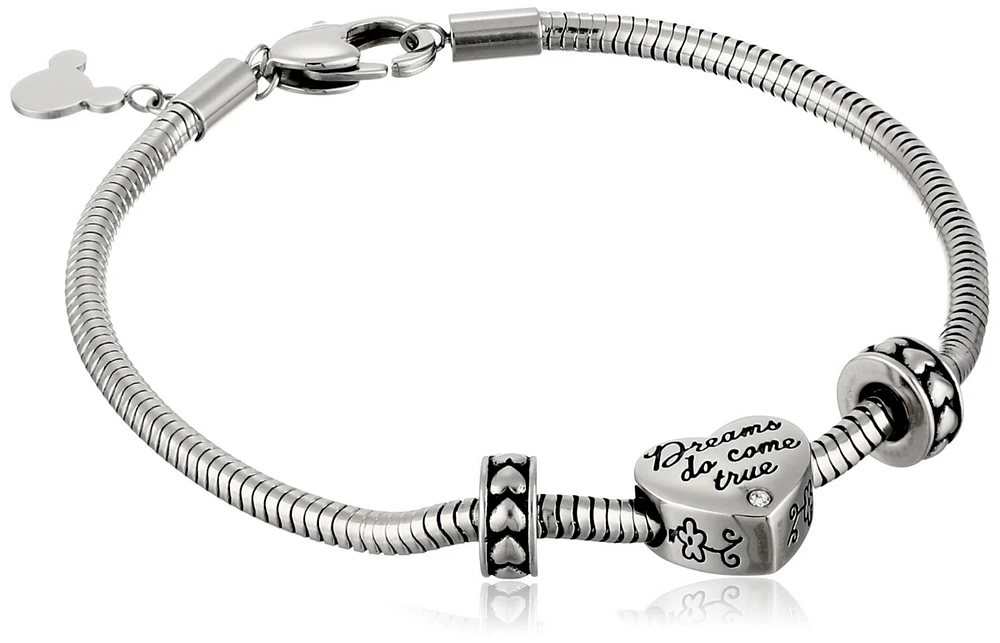 Disney Stainless Steel Heart Bead Charm 2 Stoppers Small and Medium Starter Bracelet, 7.5