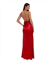 Mac Duggal Women's Fitted Satin Sleeveless Halter Gown With 3D Flower