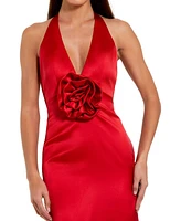 Mac Duggal Women's Fitted Satin Sleeveless Halter Gown With 3D Flower