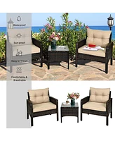 Gymax 3PCS Outdoor Patio Rattan Furniture Set w/ Chairs Coffee Table Cushions