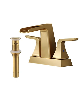 Dual Handle Bathroom Faucet with Waterfall Spout, Pop-Up Drain, and Solid Brass Construction