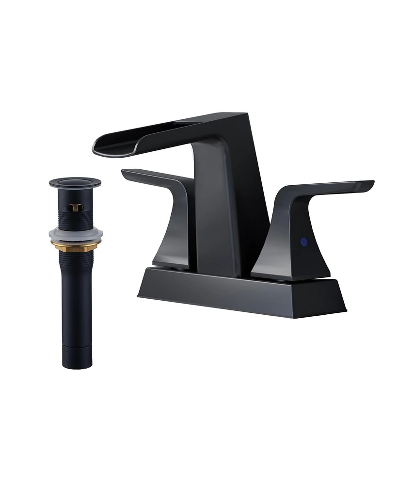 Dual Handle Bathroom Faucet with Waterfall Spout, Pop-Up Drain, and Solid Brass Construction