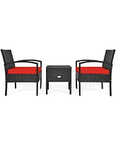 Gymax 3 Piece Outdoor Rattan Conversation Furniture Set w/ Cushion & Storage Table