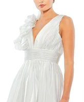 Mac Duggal Women's Ruffle Shoulder Empire Waist Deep-v Dress