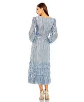 Mac Duggal Women's Long Sleeve Deep V Tiered Ruffle Sequin Dress
