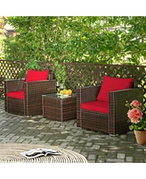 Gymax 3 Piece Outdoor Patio Rattan Conversation Furniture Set w/ Cushions & Coffee Table