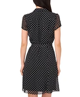 Msk Petite Dot-Print Tie-Waist Split-Neck A-Line Dress