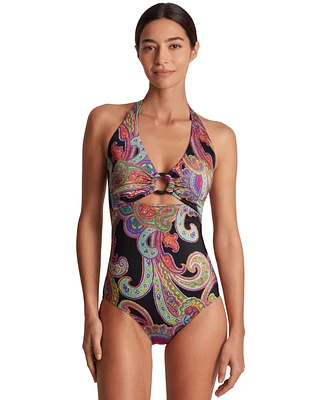 Lauren Ralph Women's Printed Macrame Ring Halter One-Piece Swimsuit