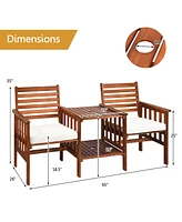 Gymax Patio Outdoor Conversation Set Acacia Wood Loveseat w/ Cushion Table
