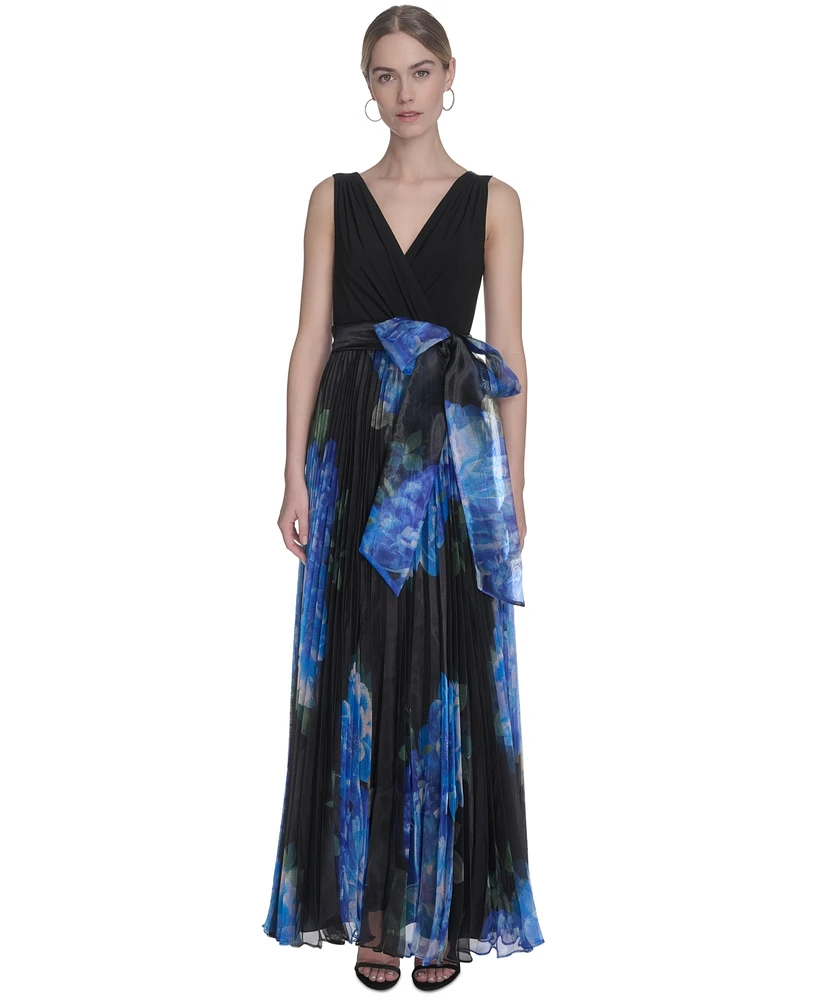 Eliza J Women's Mixed-Media V-Neck Sleeveless Pleated Gown