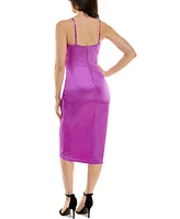 Emerald Sundae Juniors' Draped Sleeveless Satin Bodycon Dress