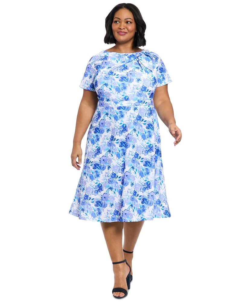 London Times Plus Floral-Print Bow Fit & Flare Dress